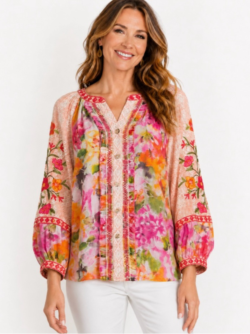 John Marks Embroidered Watercolor Floral V-Neck button down L